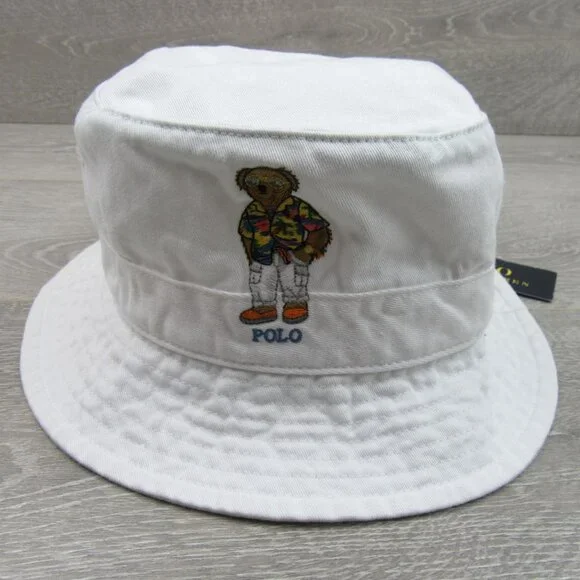 Polo Ralph Lauren Embroidered Bear Bucket Hat Adult Size S/M White NEW - Picture 2 of 11